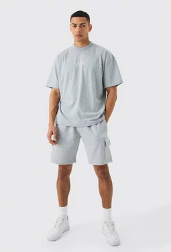 Grey Man Oversized Extended Neck T-shirt And Cargo Short Set