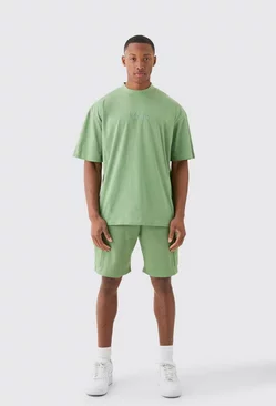 Sage Green Man Oversized Extended Neck T-shirt And Cargo Short Set