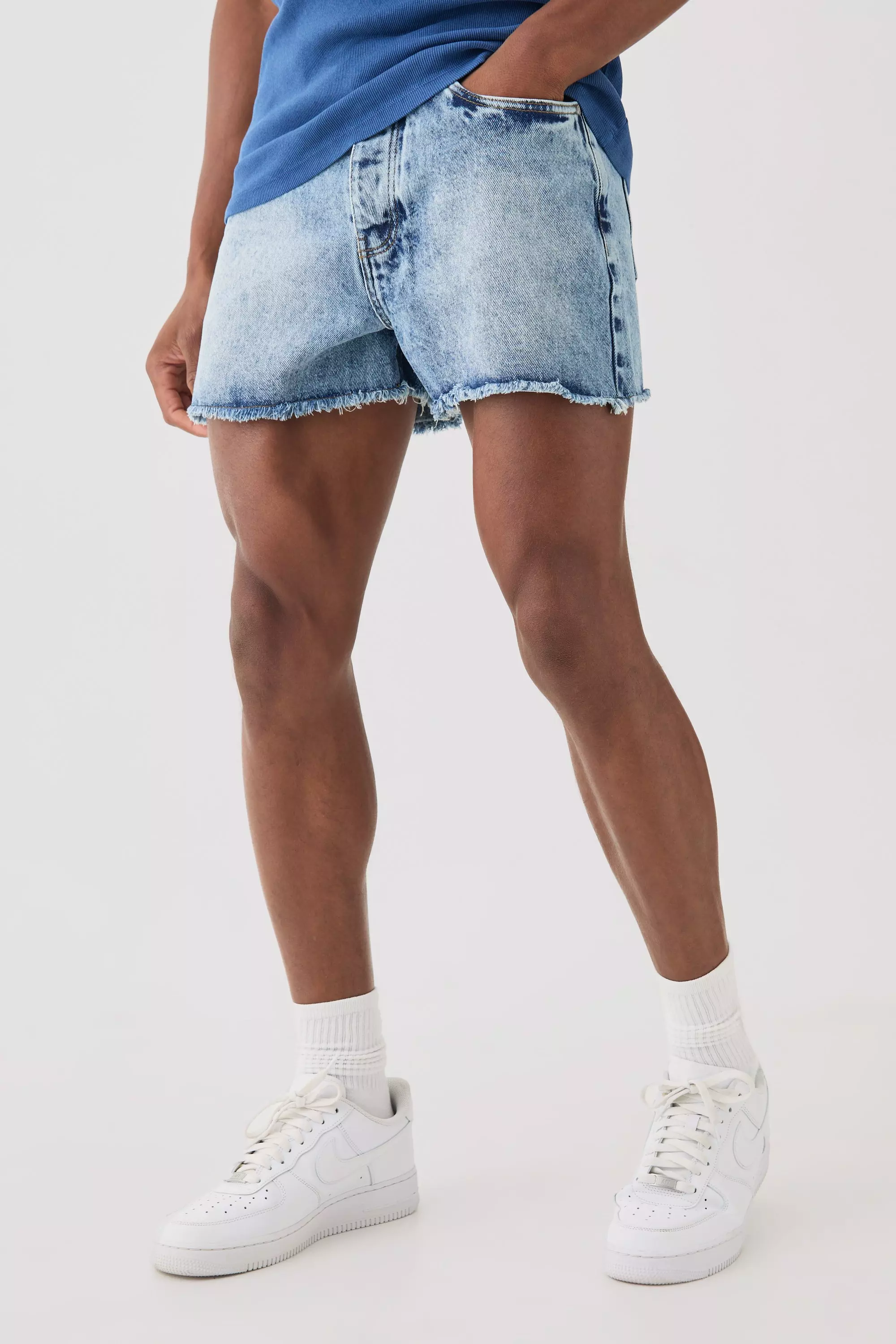 Relaxed Rigid Super Short Length Denim Short In Mid Blue Mid blue