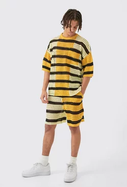 Oversized Open Stitch T-shirt Short Knitted Set Mustard
