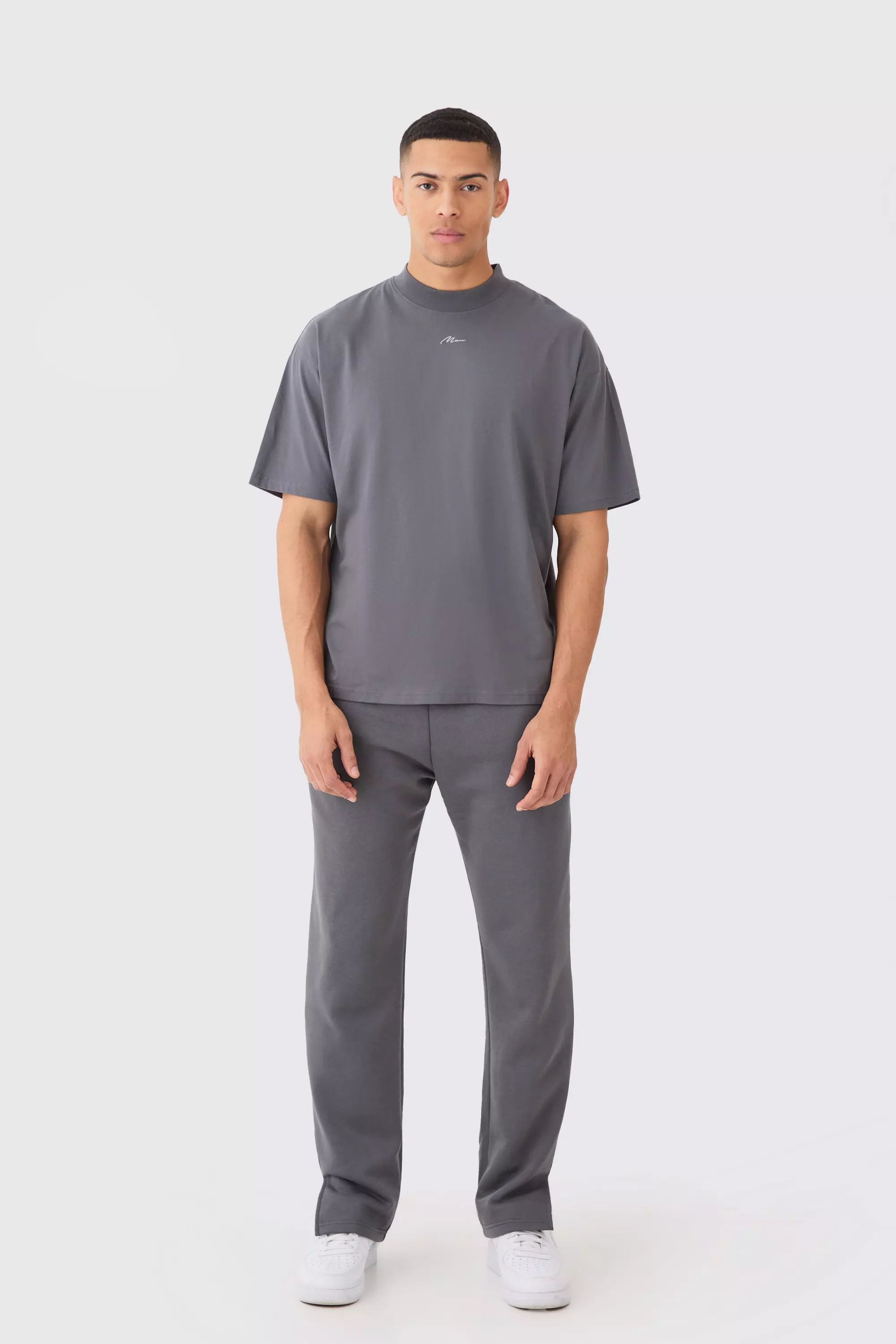 Charcoal Grey Man Signature Oversized Extended Neck Tshirt And Jogger Set