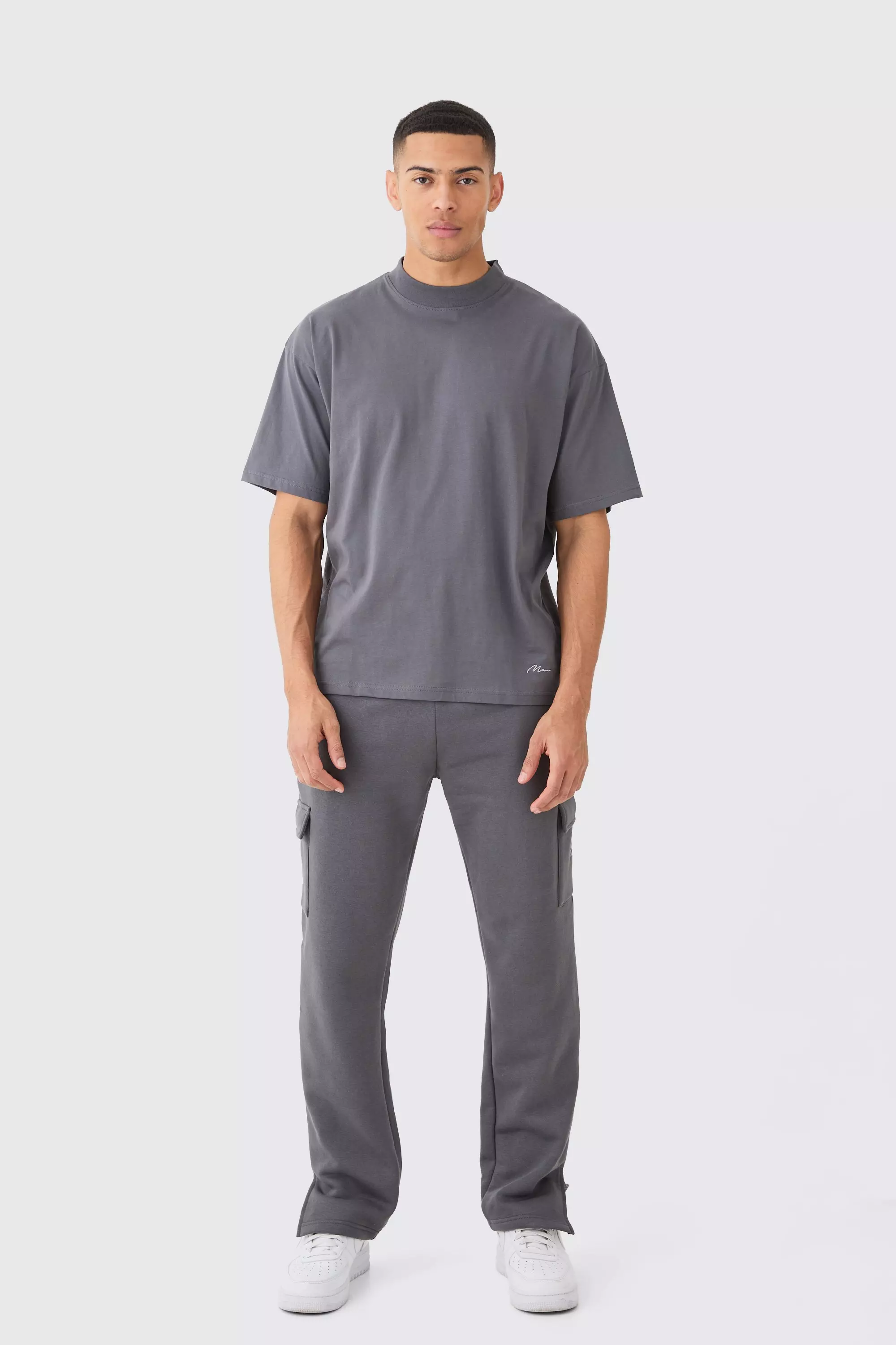 Charcoal Grey Man Signature Oversized Tshirt And Cargo Jogger Set