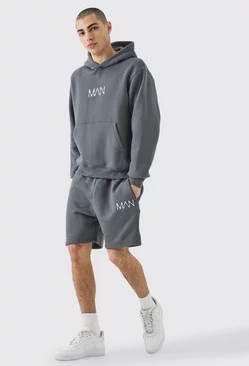 Man Boxy Hoodie Short Tracksuit Charcoal