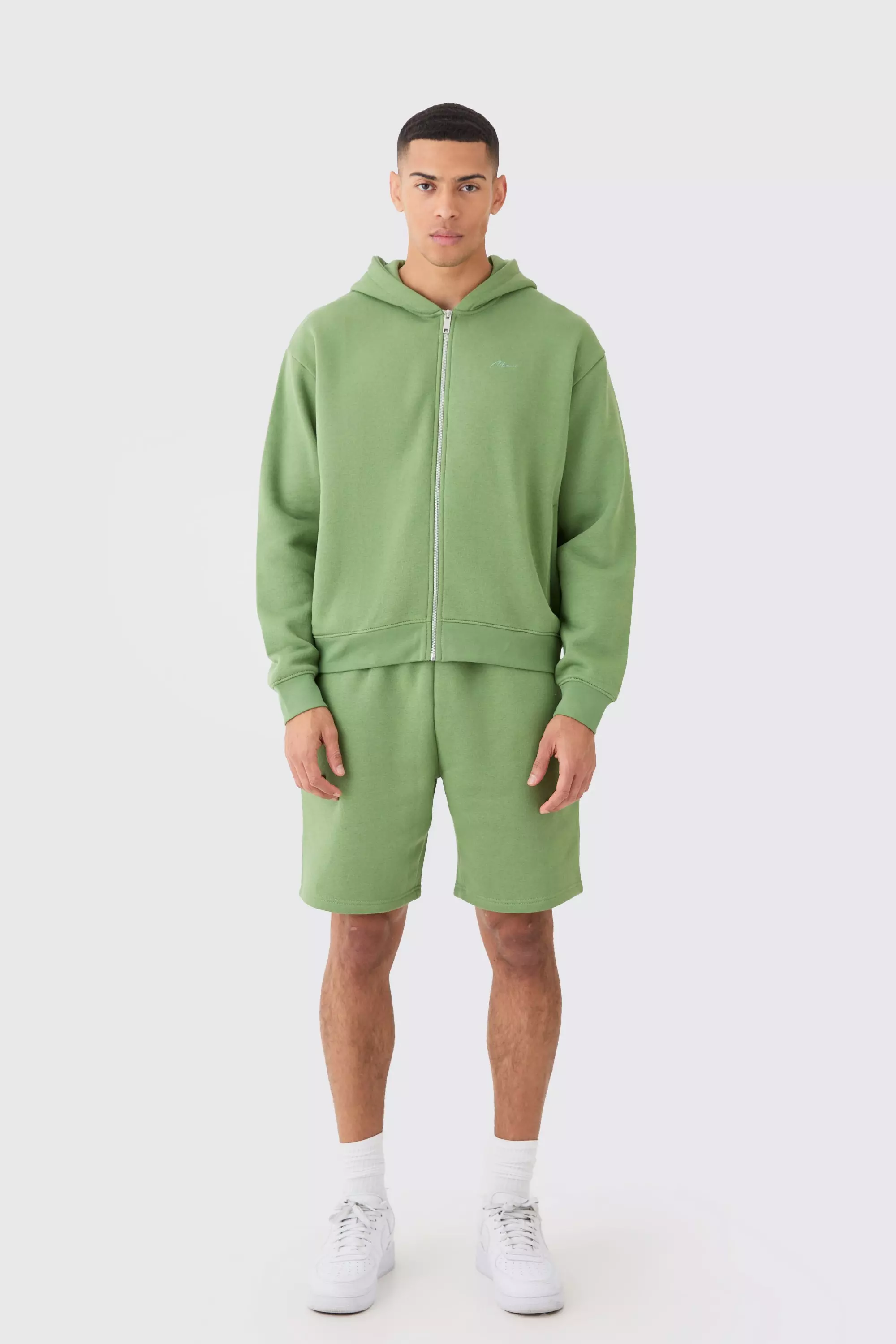 Man Signature Oversized Boxy Zip Thru Short Tracksuit Sage