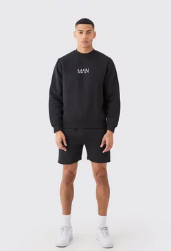 Man Extended Neck Sweatshirt Short Tracksuit Black