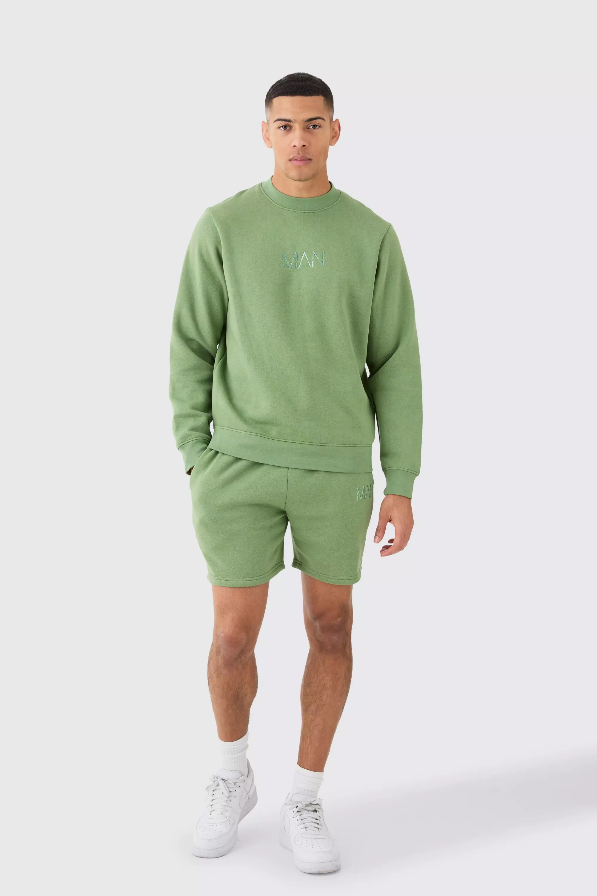 Sage Green Man Extended Neck Sweatshirt Short Tracksuit