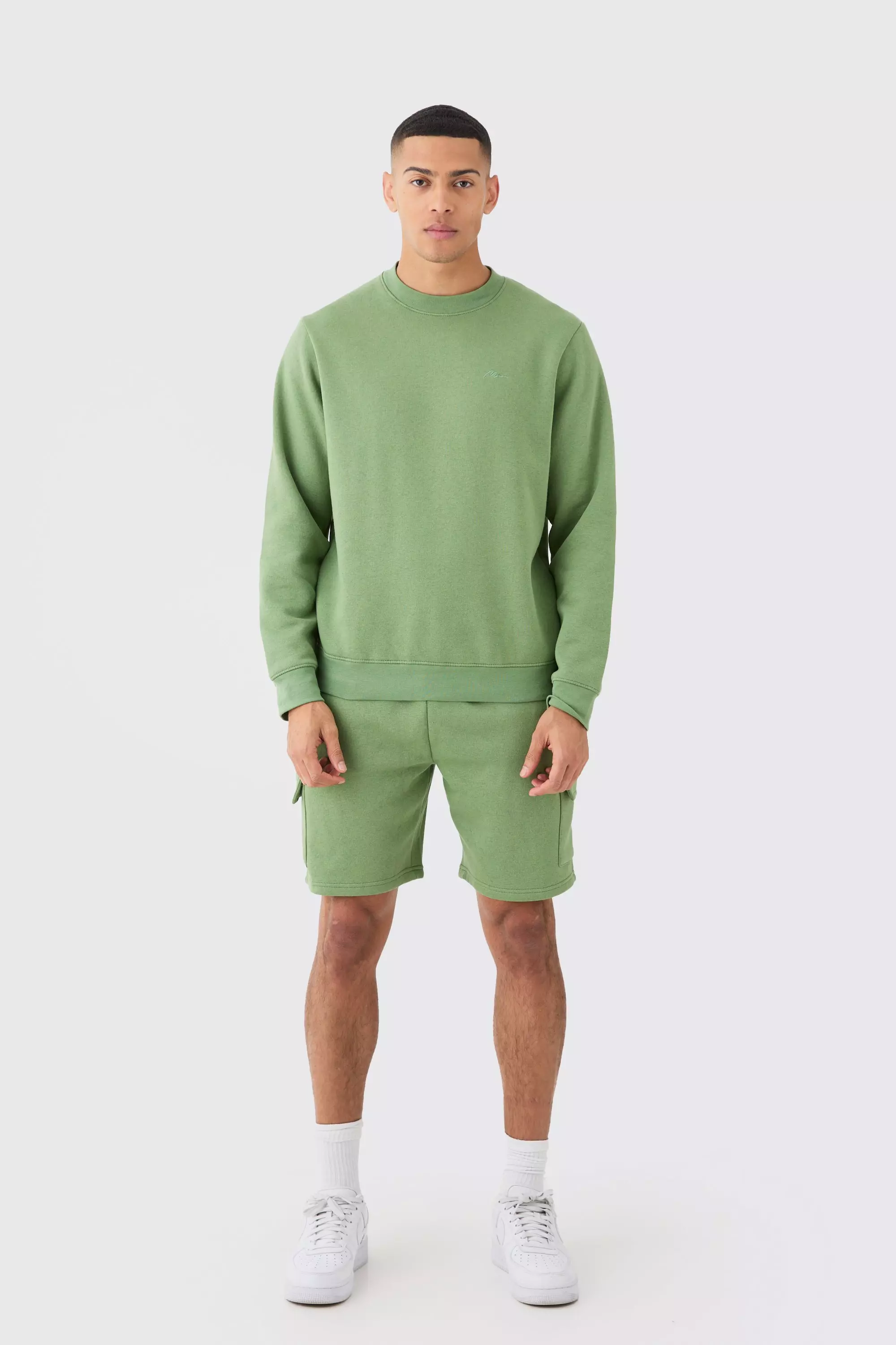 Sage Green Man Signature Extended Neck Cargo Sweat Short Tracksuit