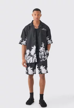 Black Soft Twill Palm Hem Oversized Boxy Shirt & Short