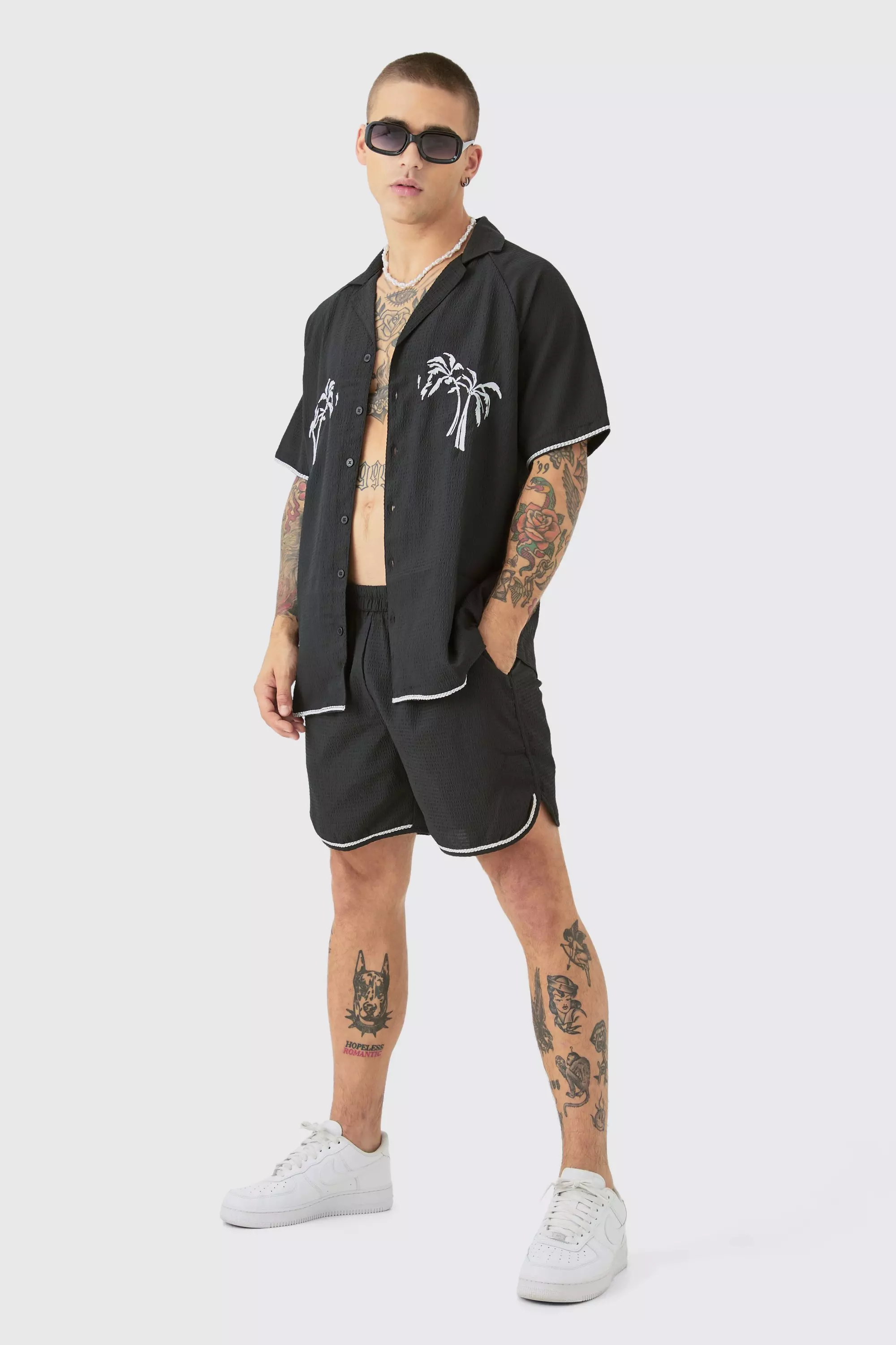 Oversized Seersucker Palm Embroidered Shirt & Short Black