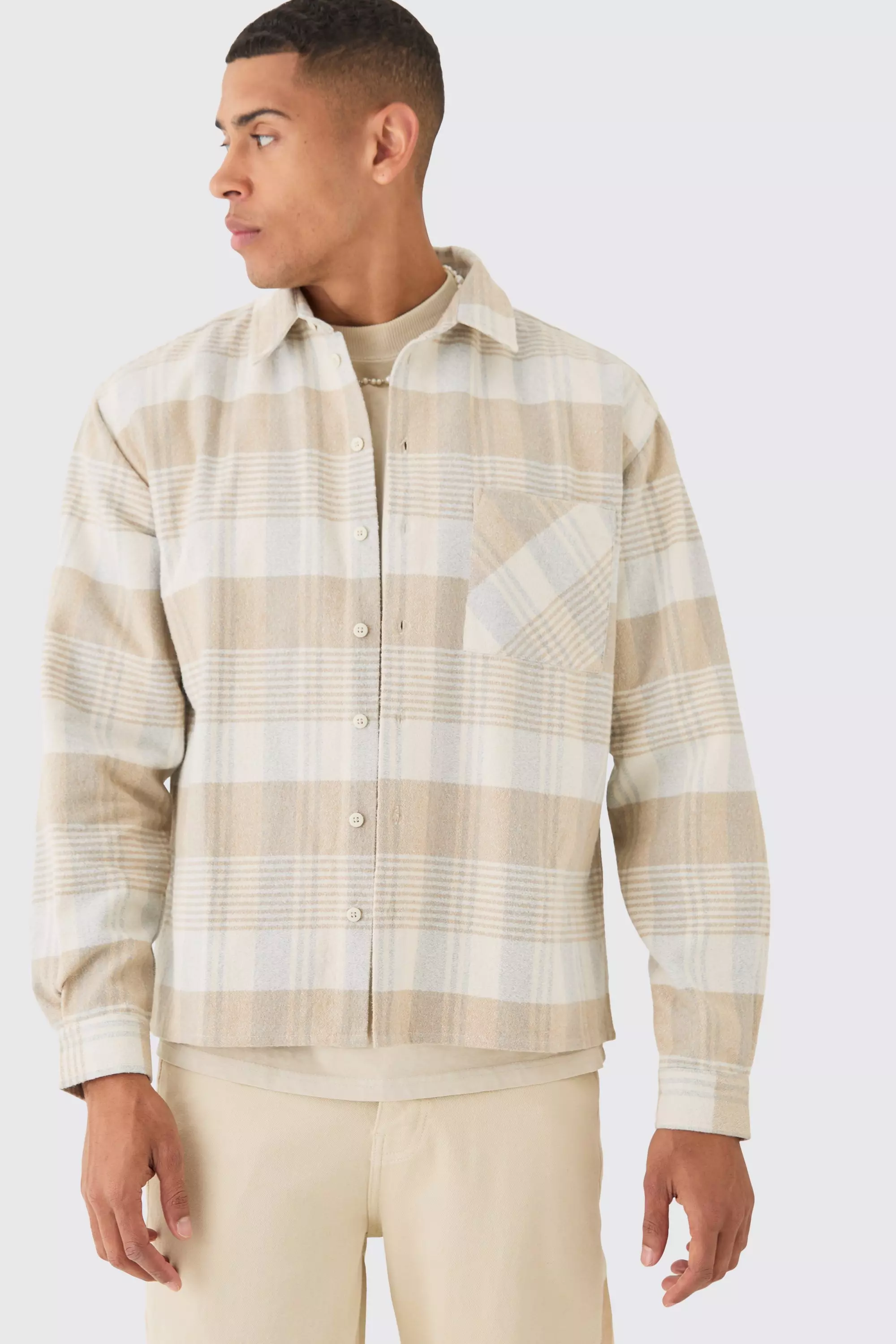 Beige Boxy Flannel Shirt