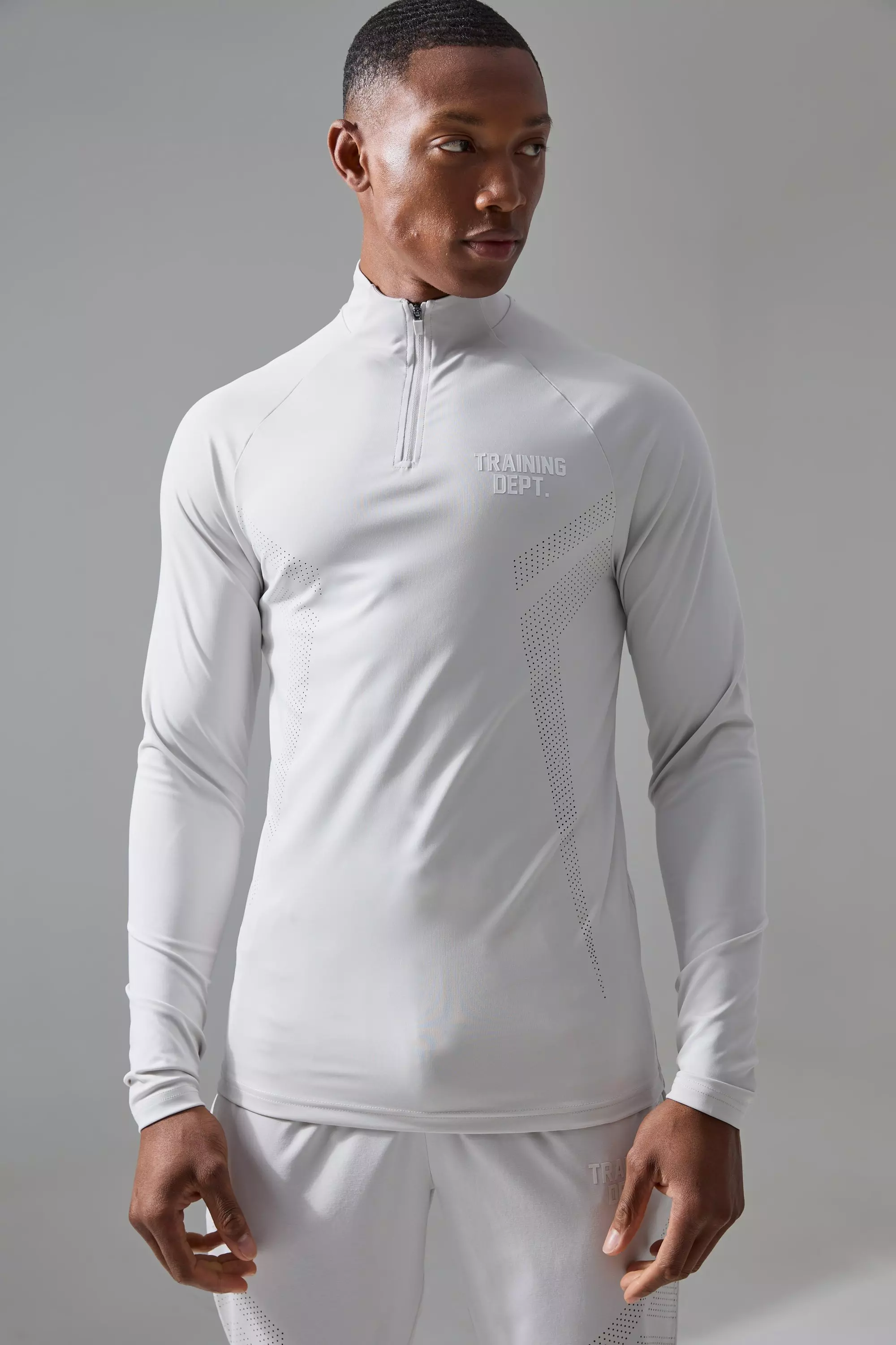 Light-grey Grey Active Training Dept Perforated Slim Fit 1/4 Zip Top