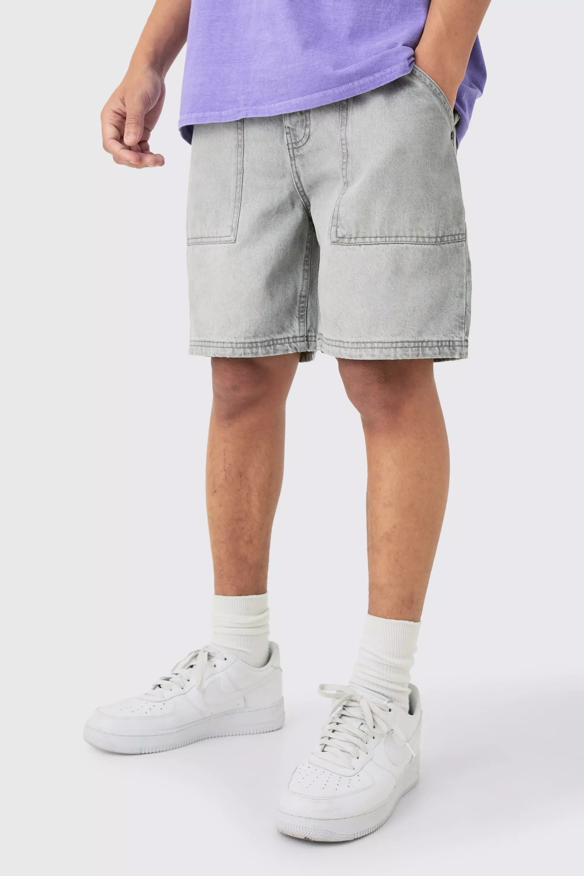 Grey Relaxed Rigid Man Embossed Back Pocket Denim Short