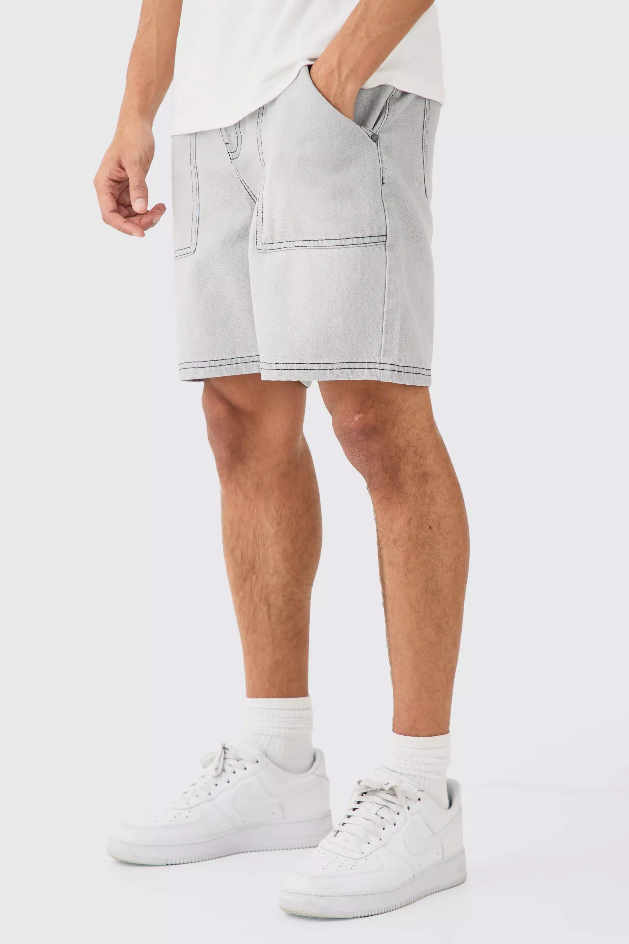 Grey Relaxed Rigid Contrast Stitch Denim Short