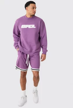 Purple Oversized B Sweat And Basketball Mesh Short Set