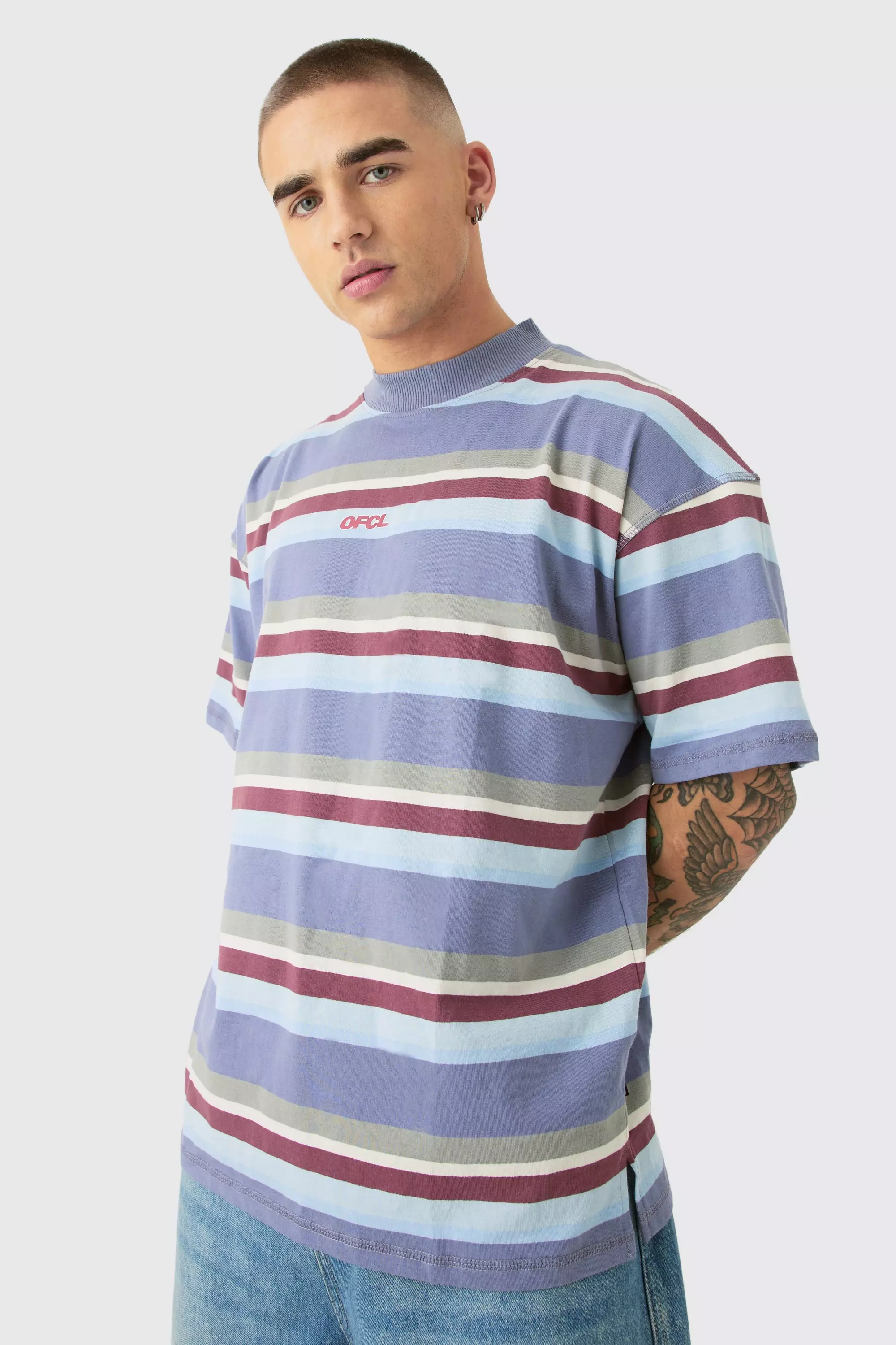 Oversized Carded Heavy Striped Ofcl T-shirt Blue