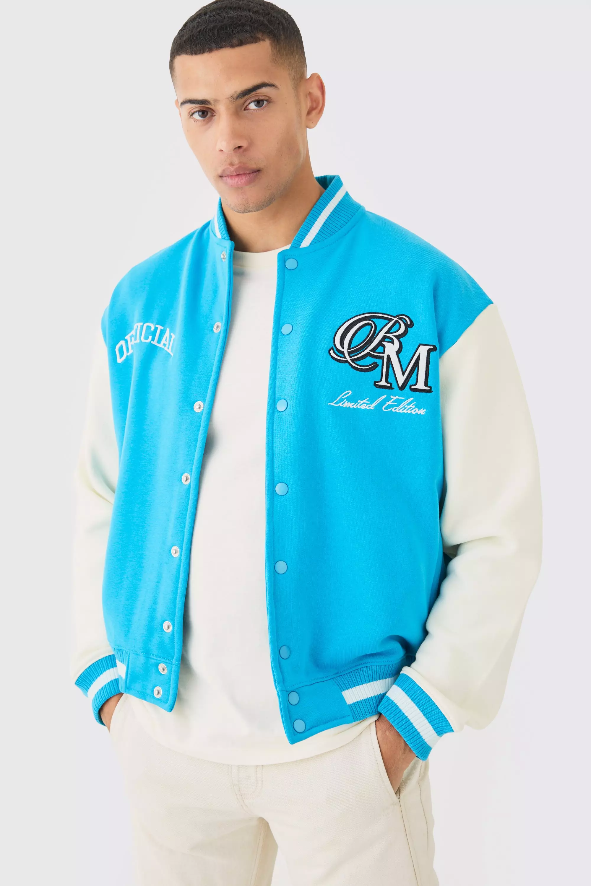 Blue Oversized Boxy Applique Vasity Jersey Bomber Jacket