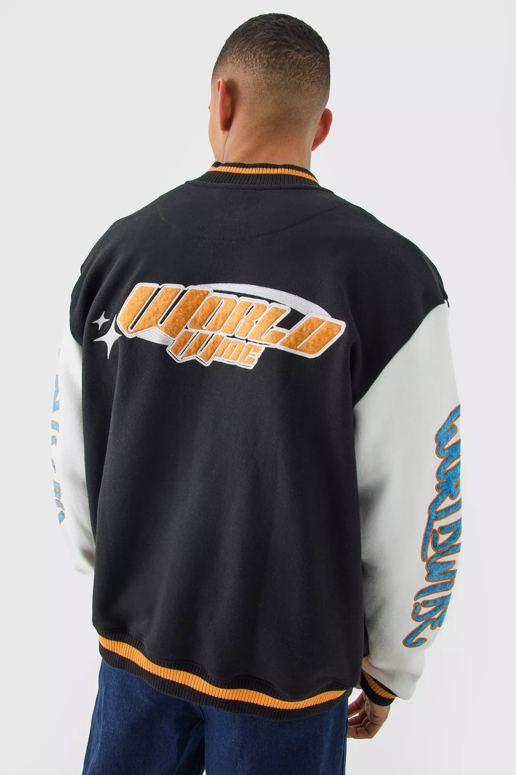 Black Oversized Worldwide Applique Jersey Bomber Jacket alternative image