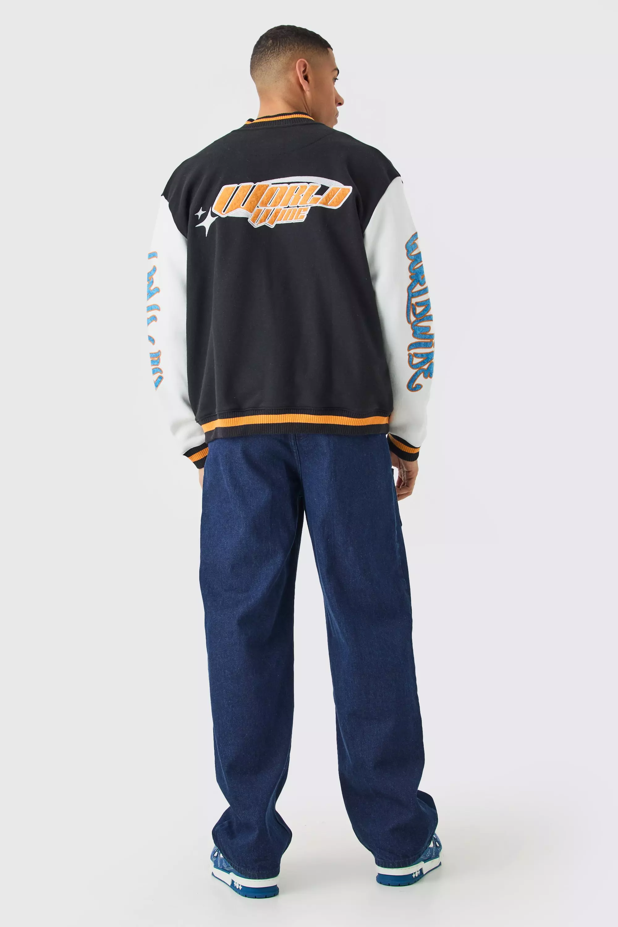 Black Oversized Worldwide Applique Jersey Bomber Jacket alternative image