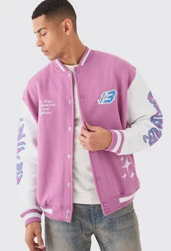 Pink Oversized Worldwide Applique Jersey Bomber Jacket