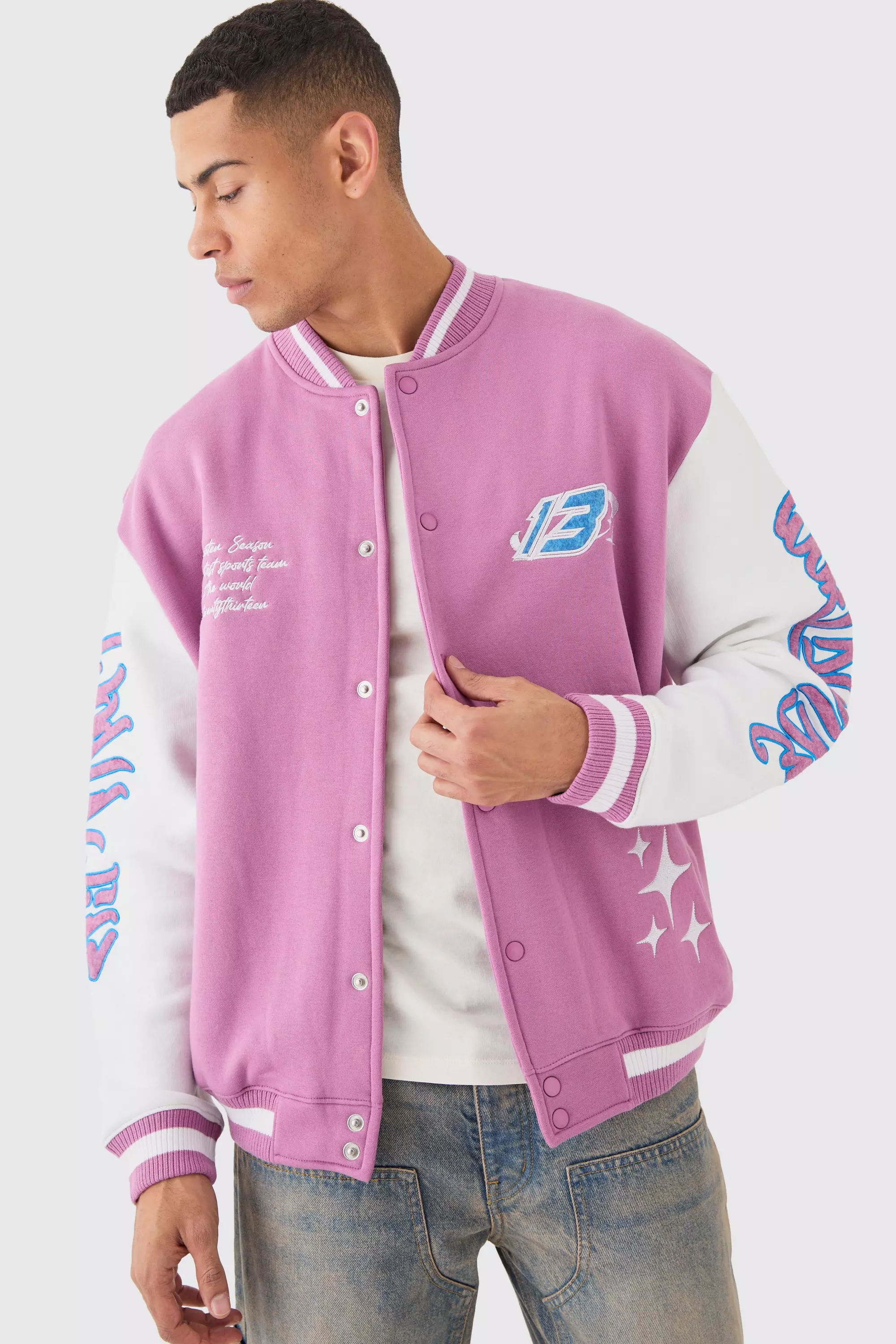 Oversized Worldwide Applique Jersey Bomber Jacket Pink
