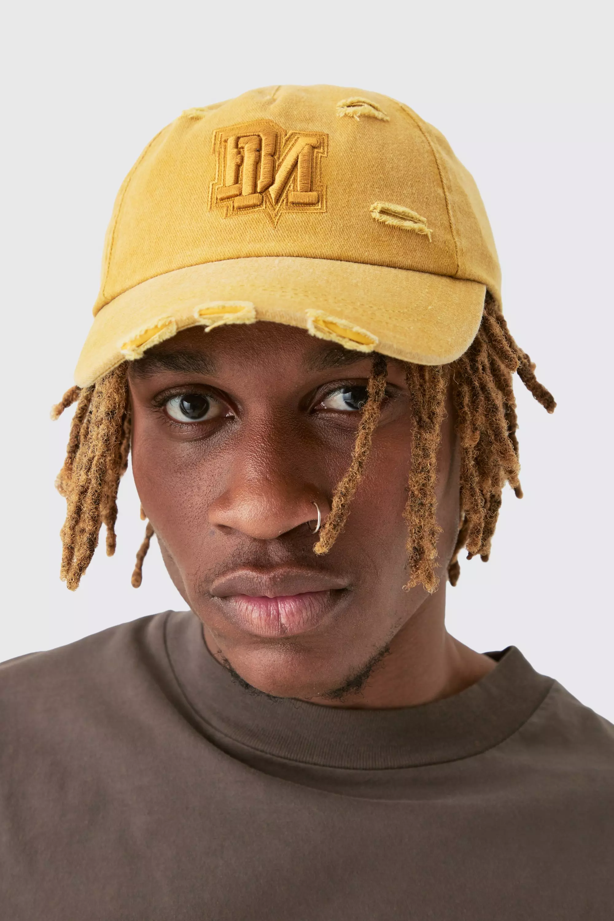 BM Applique Distressed Cap In Mustard Mustard