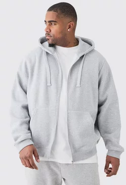 Grey Plus Basic Zip Through Hoodie In Grey Marl