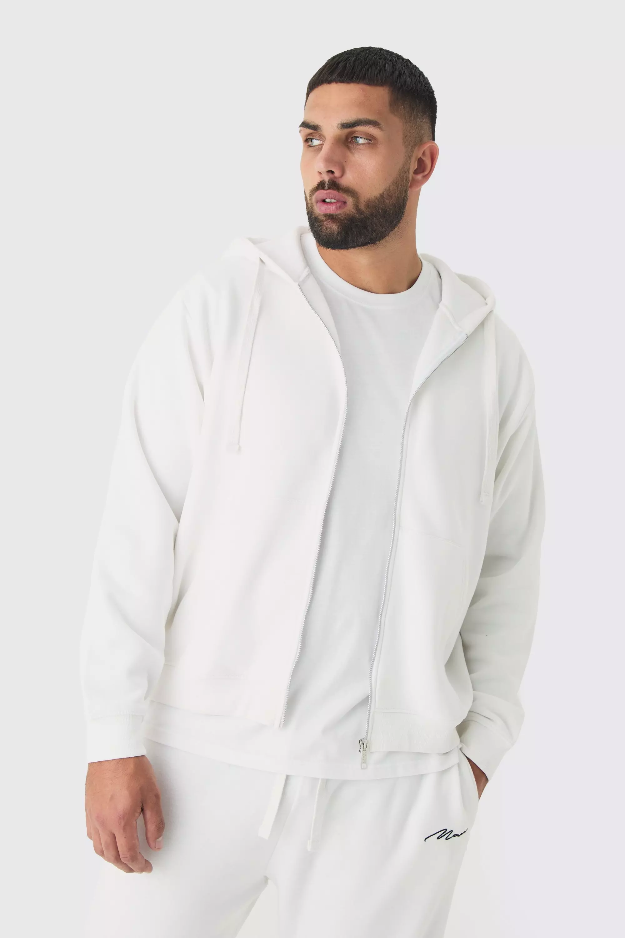 White Plus Basic Zip Through Hoodie In White