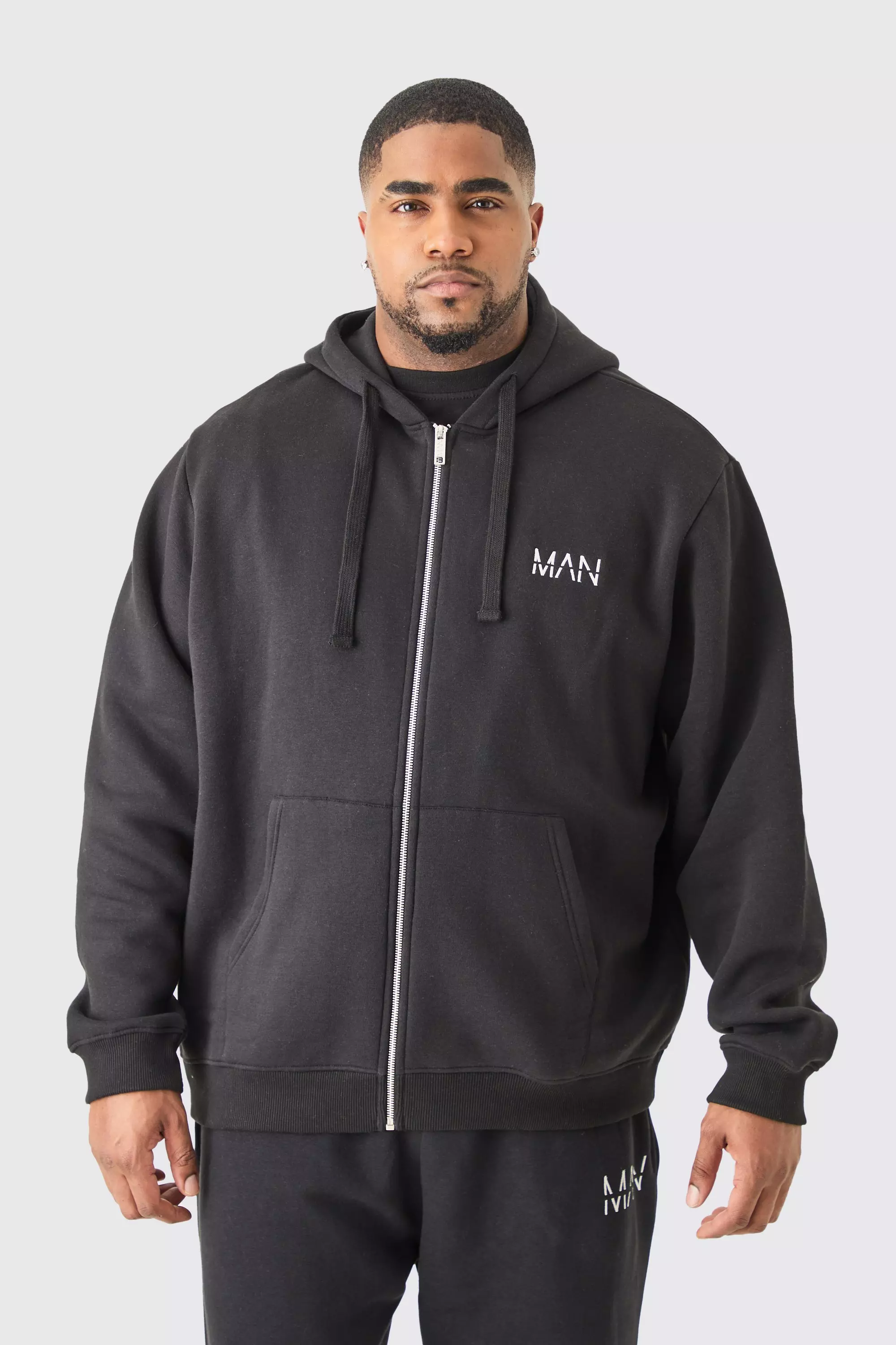 Black Plus Basic Man Dash Zip Through Hoodie In Black