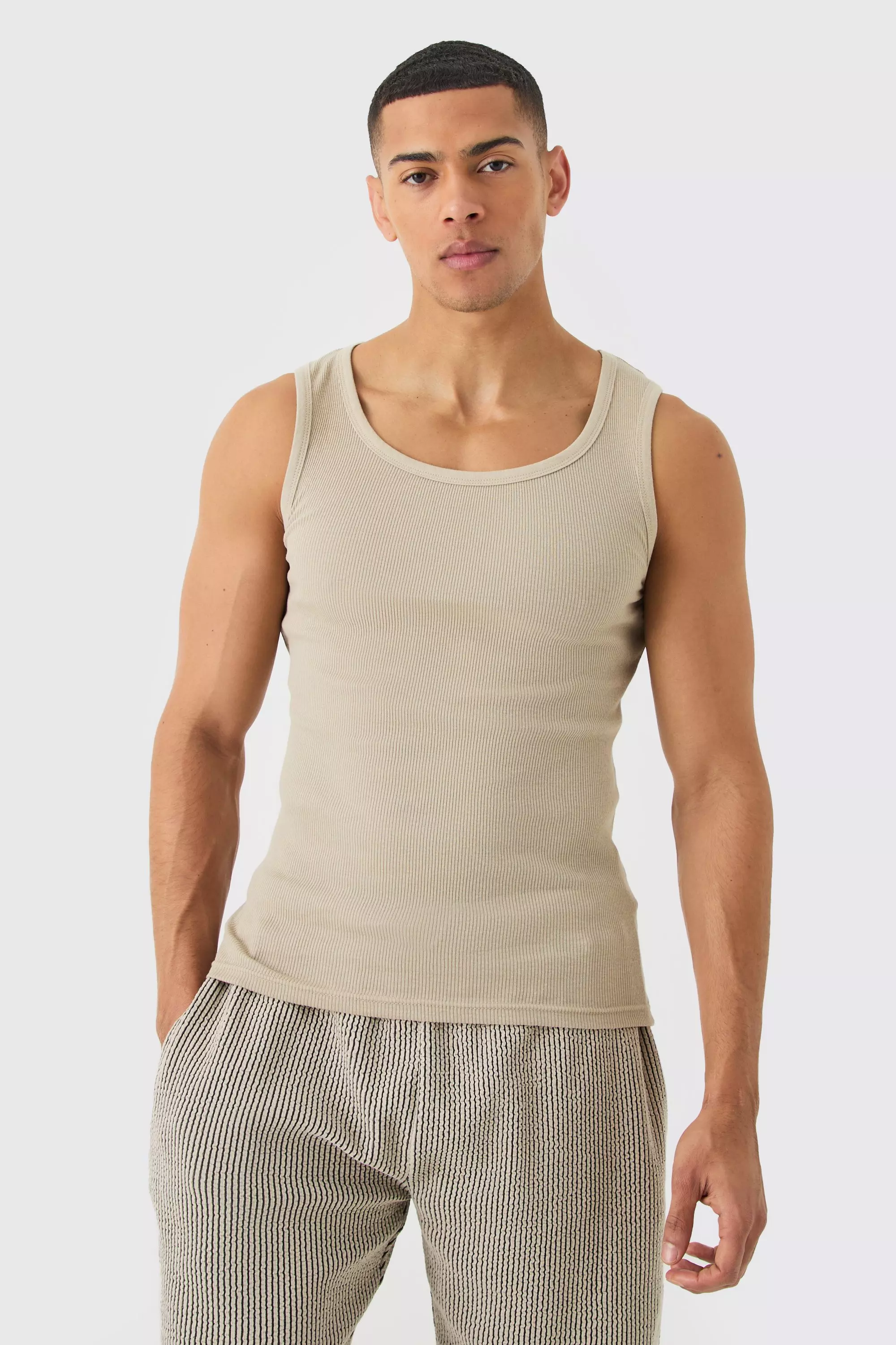 Ribbed Muscle Fit Vest Stone