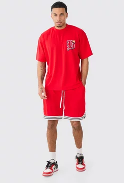 Oversized Mesh Varsity Top And Basketball Shorts Set Red