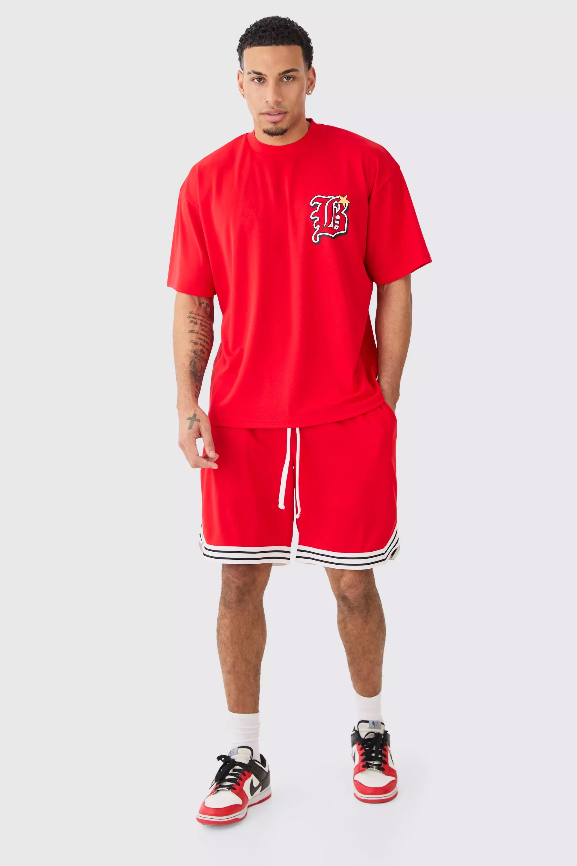 Red Oversized Mesh Varsity Top And Basketball Shorts Set