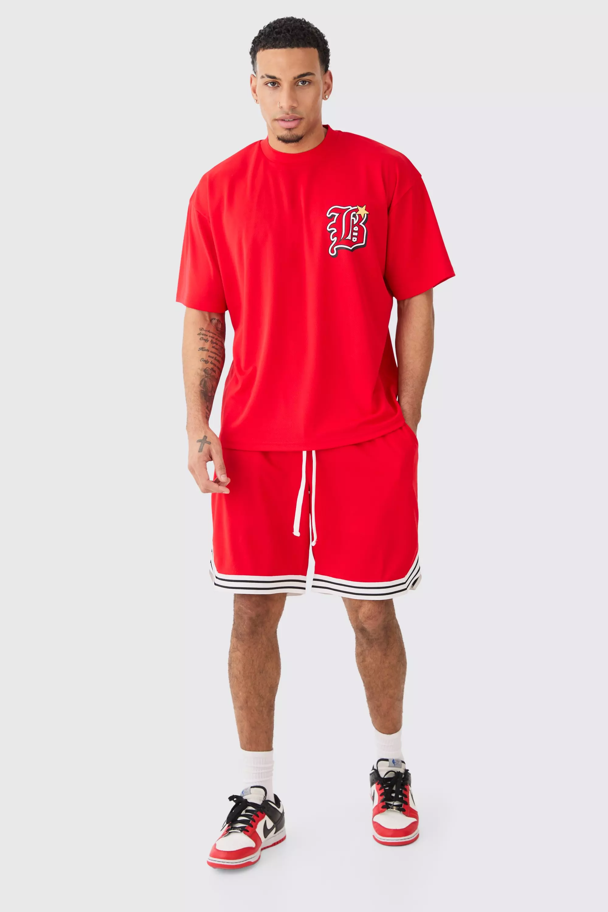 Oversized Mesh Varsity Top And Basketball Shorts Set Red