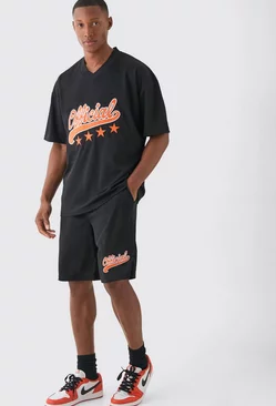 Oversized Official Mesh Varsity Top And Basketball Shorts Set Black