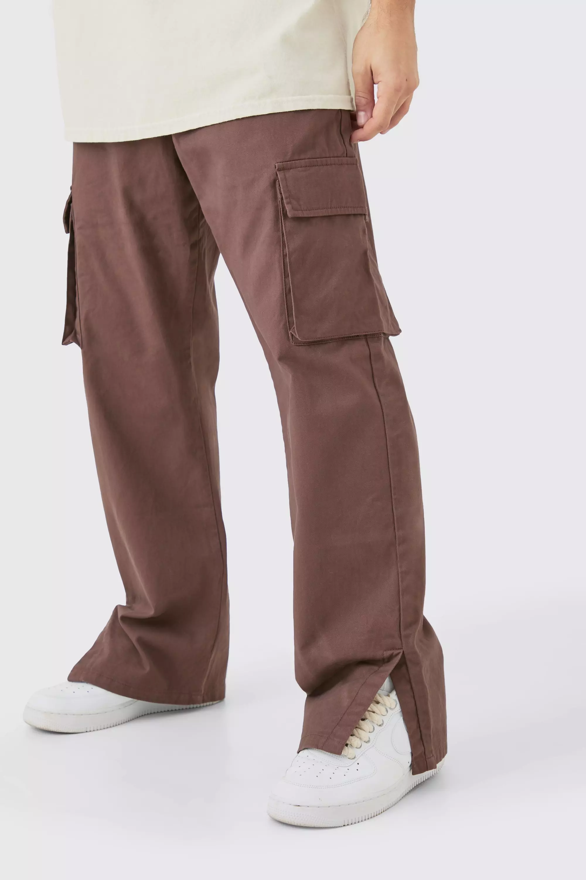 Chocolate Brown Fixed Waist Relaxed Fit Cargo Split Hem Pants