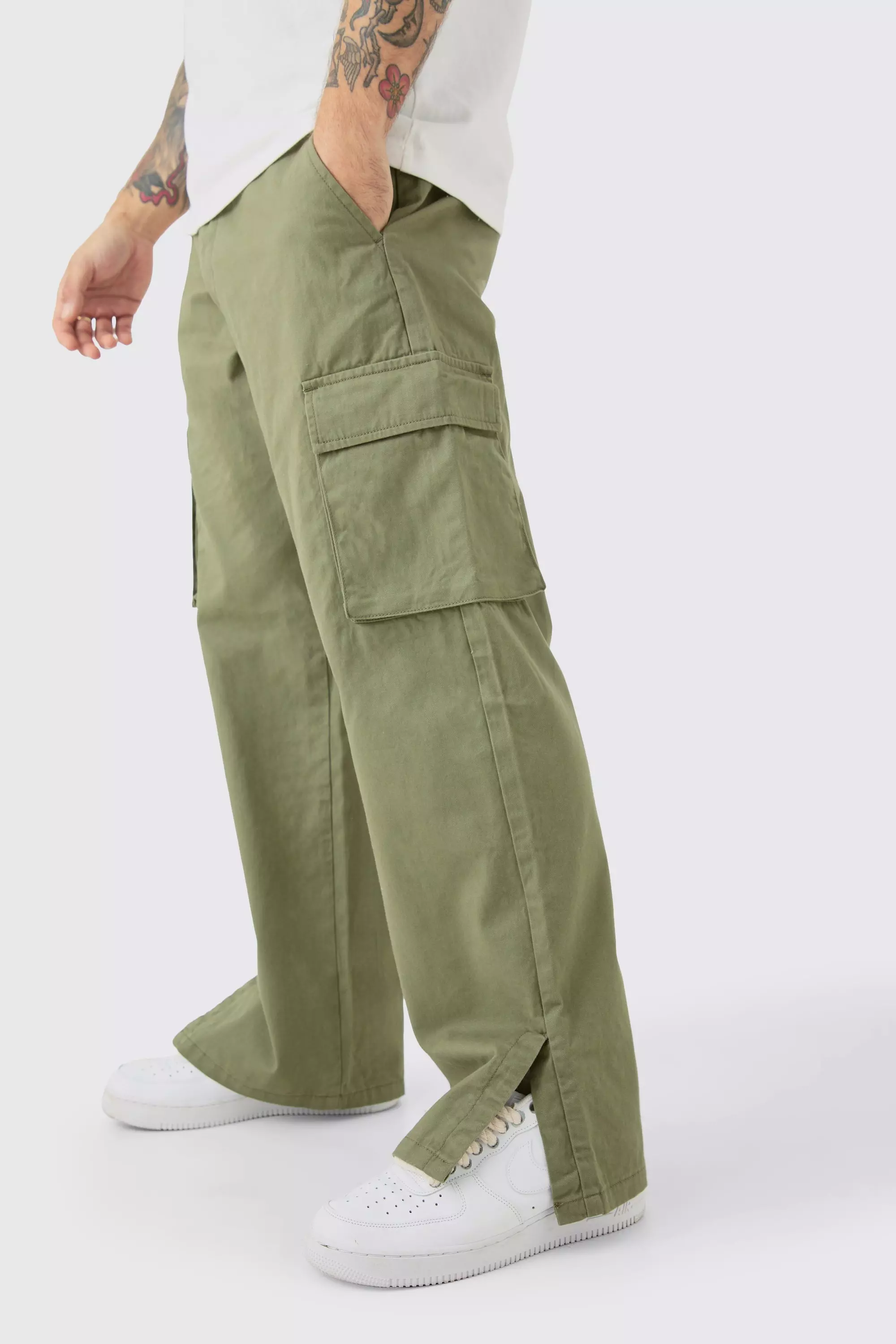 Khaki Fixed Waist Relaxed Fit Cargo Split Hem Trouser alternative image