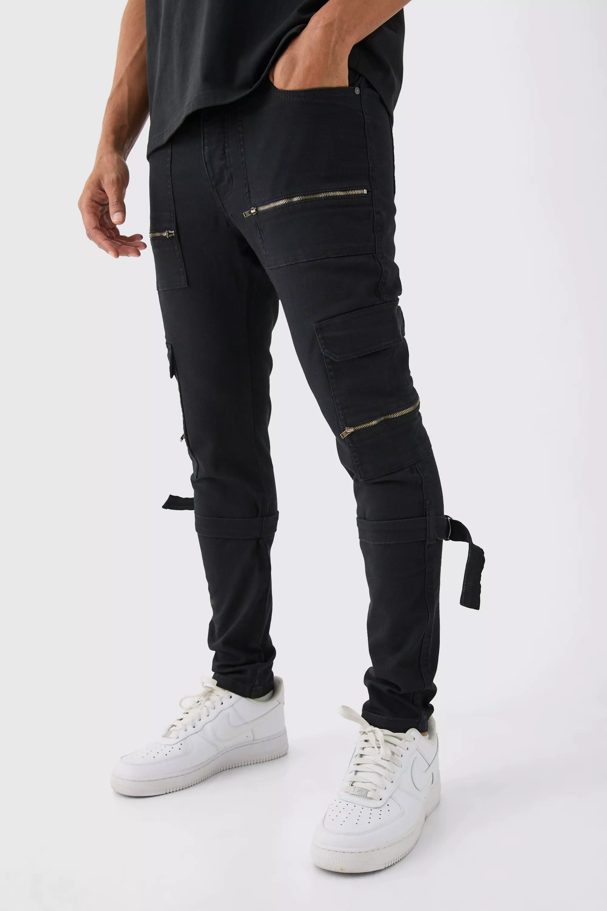Black Skinny Stretch Zip Multi Strap Cargo Trouser