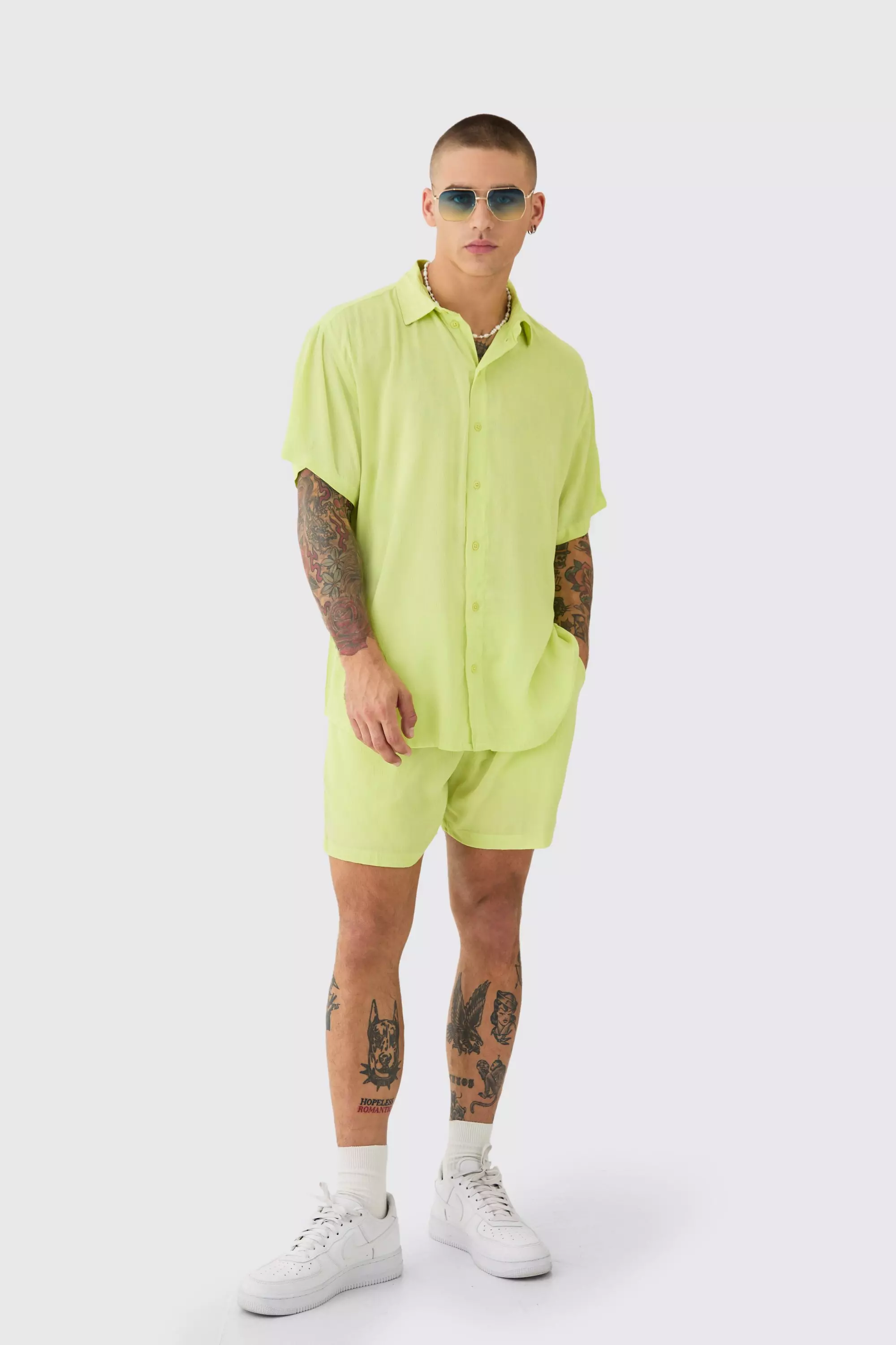 Oversized Short Sleeve Cheese Cloth Shirt And Short Set Green
