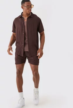 Short Sleeve Cheese Cloth Shirt And Short Set Brown