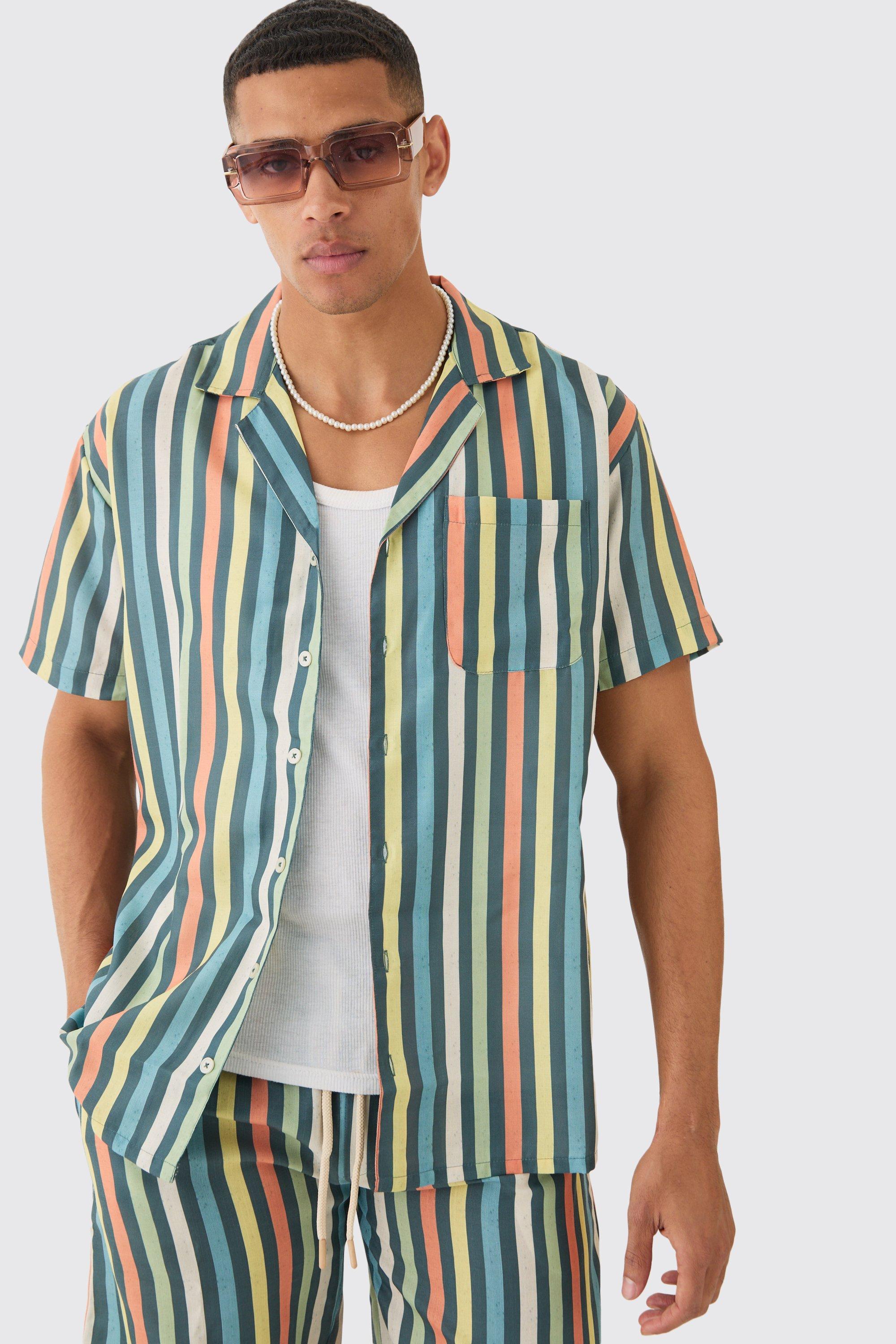 Multi Short Sleeve Oversized Revere Stripe Shirt