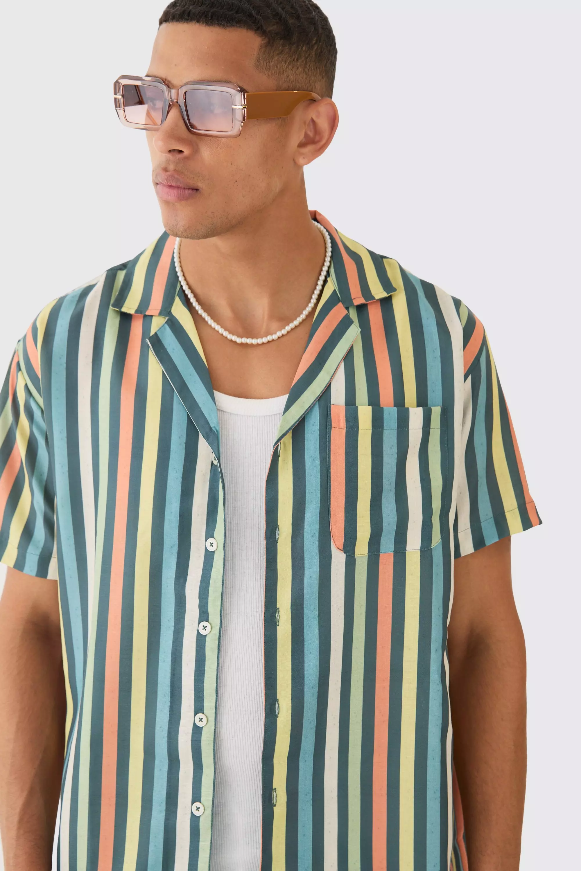 Multi Short Sleeve Oversized Revere Stripe Shirt alternative image