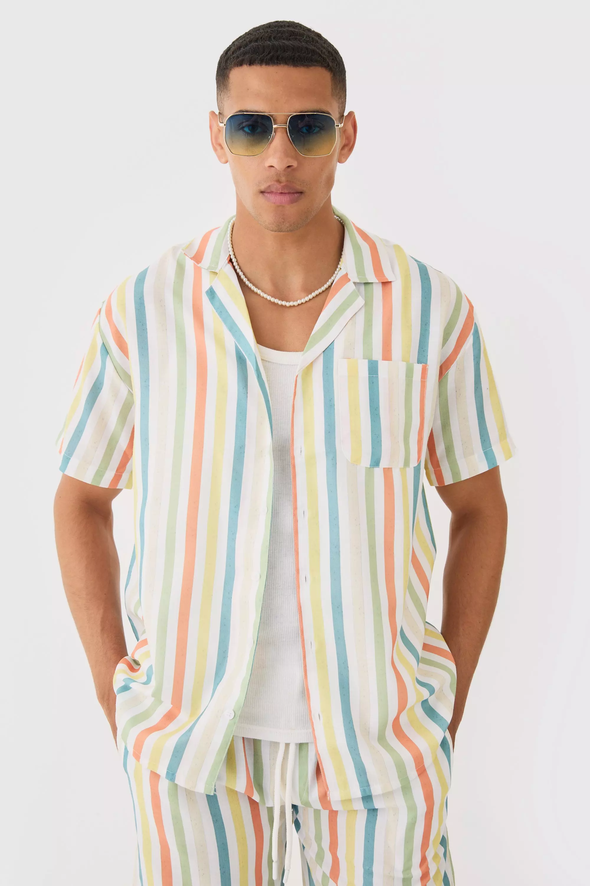 Short Sleeve Oversized Revere Stripe Shirt Multi