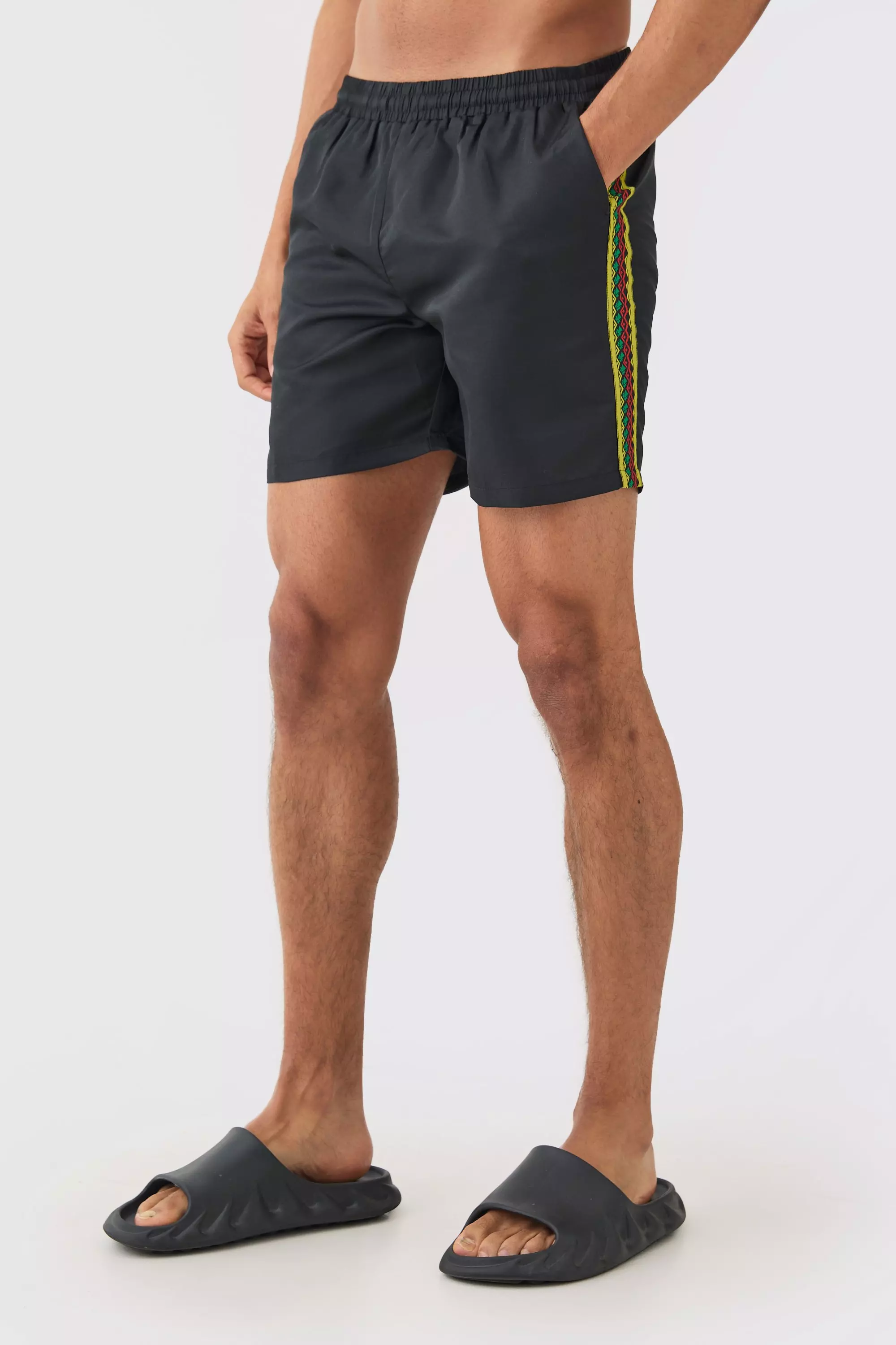 Mid Length Tape Swim Trunks Black