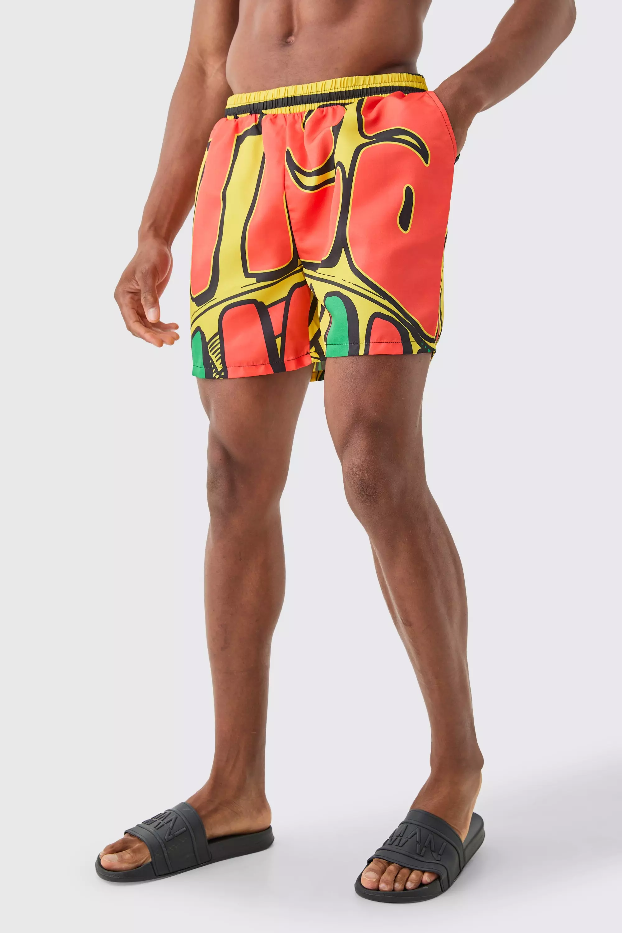 Mid Length Graffiti Swim Trunks Multi