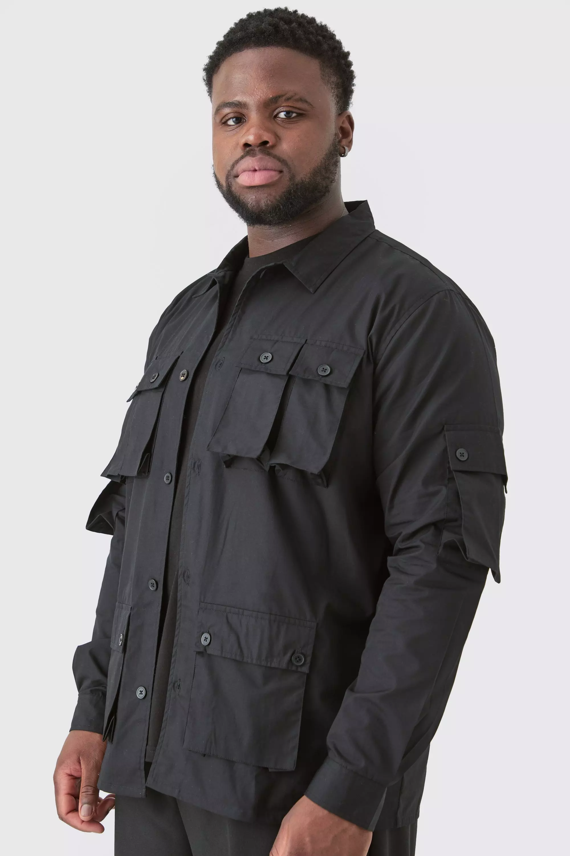 Black Plus Long Sleeve Poplin Utility Pocket Shirt Jacket alternative image
