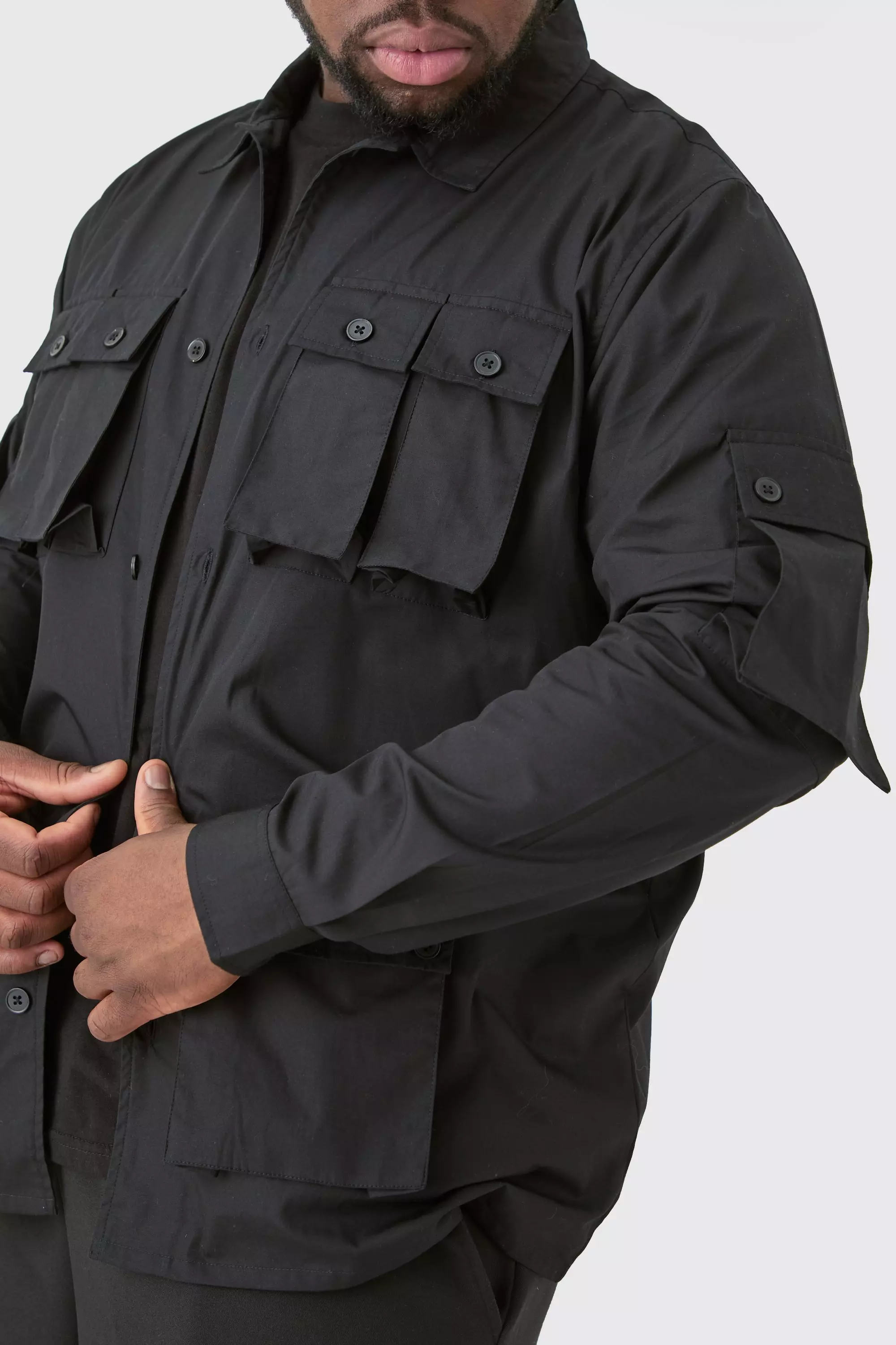 Black Plus Long Sleeve Poplin Utility Pocket Shirt Jacket alternative image
