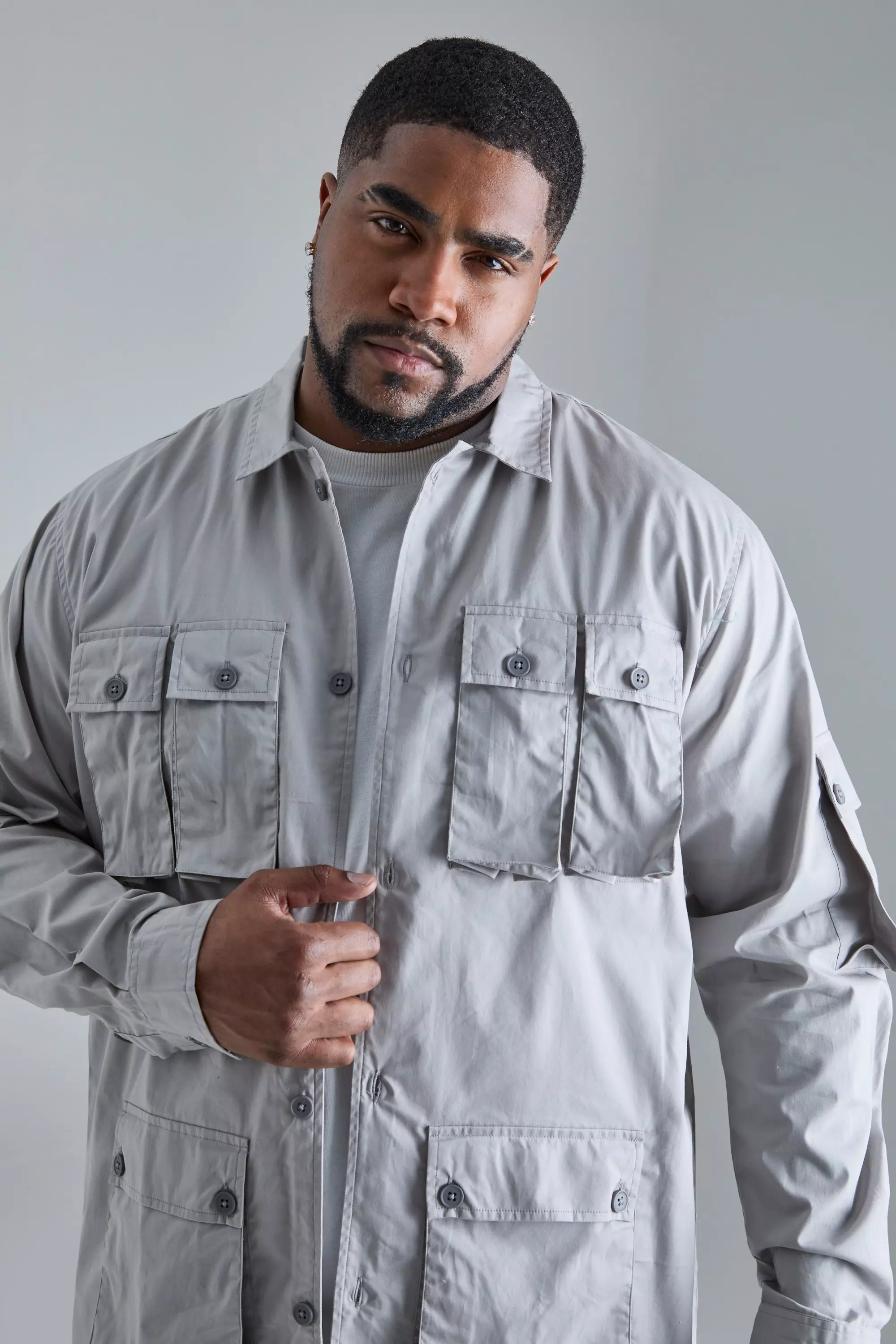 Grey Plus Long Sleeve Poplin Utility Pocket Overshirt alternative image