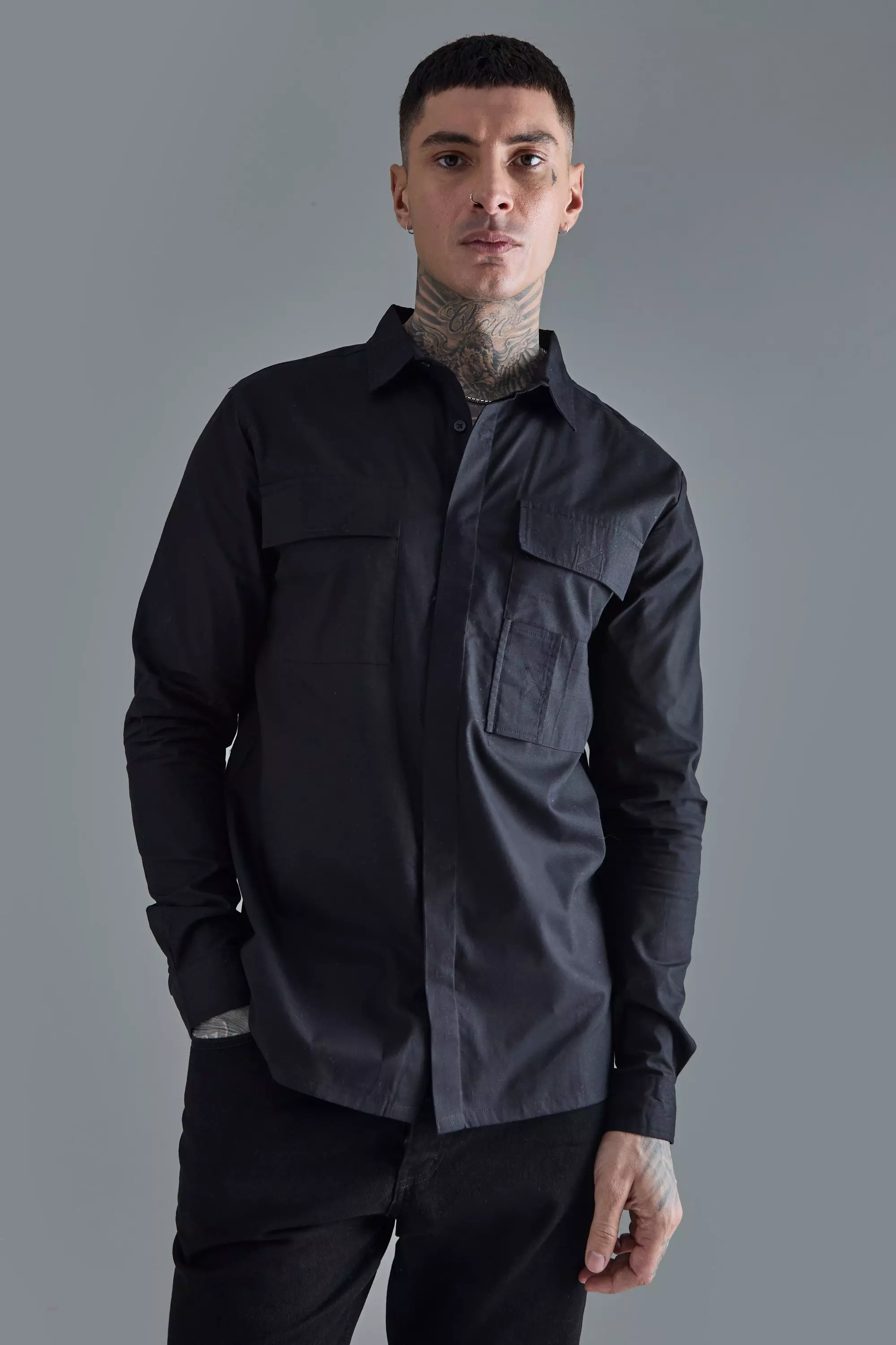 Tall Longsleeve Poplin Utility Layered Shirt Black