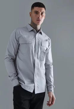 Tall Longsleeve Poplin Utility Layered Shirt Grey