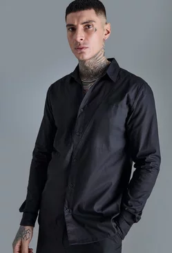 Tall Longsleeve Drop Revere Poplin Panel Shirt Black