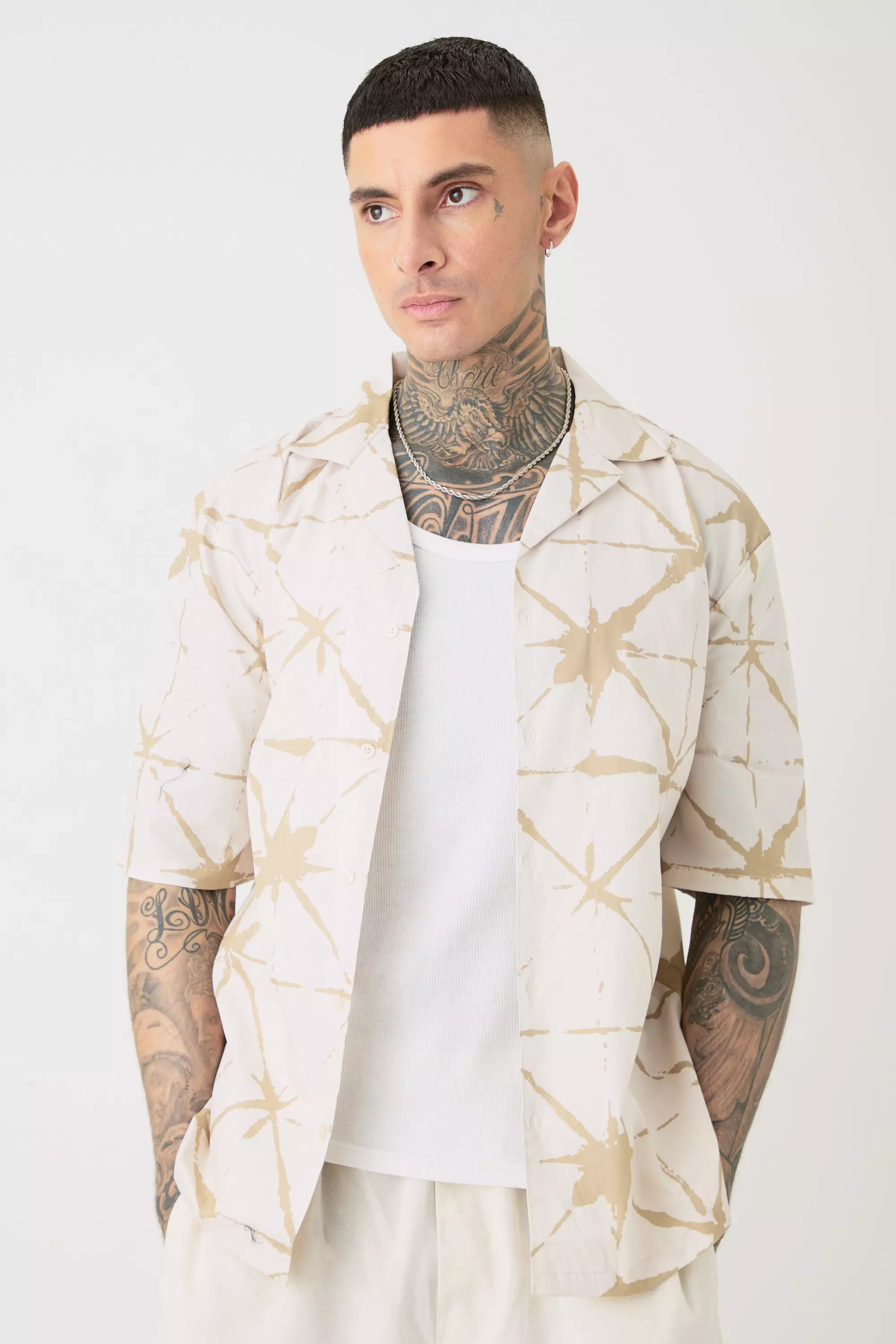 Tall Short Sleeve Drop Revere Abstract Poplin Print Shirt Taupe